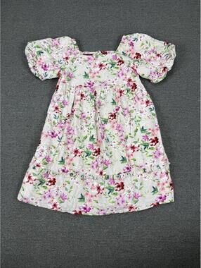 Bonnie Jean Girls 14 Pink Floral Dress Short Sleeve Natural Linen Girly
